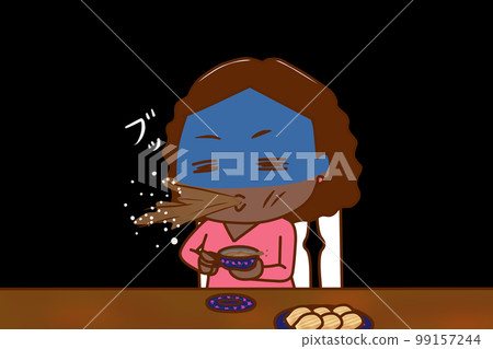 (Upper body oblique) African woman who squirts tea with surprise and shock when having tea time 99157244