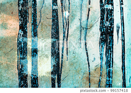 Old blue rusty sheet metal smeared with black tar. shabby rusty metal surface. 99157418