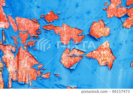 Old blue paint peeling from red concrete wall texture background. Old blue paint peeling from red concrete wall texture background. 99157473