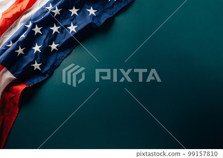 Top view USA flag for Memorial day on abstract blue background, Banner template design of presidents day concept, Above flag of United States American with copy space, Happy Presidents Day 99157810