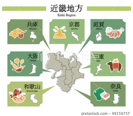 Gourmet sightseeing in the Kinki region of Japan, a map, and a set of icons Gourmet sightseeing in the Kinki region of Japan, a map, and a set of icons 99158737