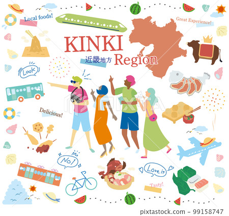 Tourists enjoying summer gourmet sightseeing in the Kinki region of Japan, set of icons (flat) Tourists enjoying summer gourmet sightseeing in the Kinki region of Japan, set of icons (flat) 99158747