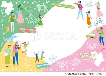 遊客在日本近畿地區享受春季美食觀光，一組圖標（平面） 99158760