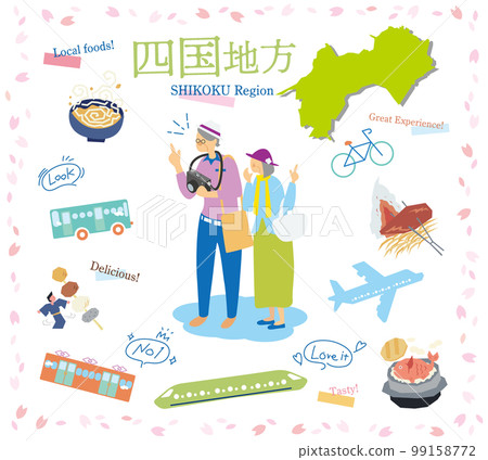 A senior couple enjoying spring gourmet sightseeing in the Shikoku region of Japan, a set of icons (flat) 99158772