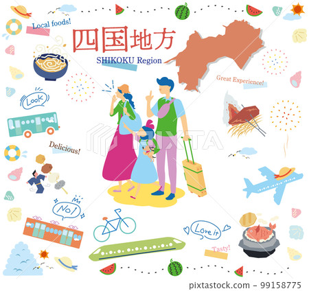 在日本四國地區享受夏季美食觀光的一家三口，一組圖標（平面） 99158775