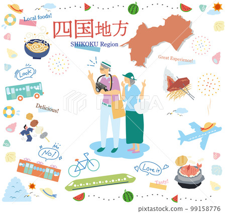 A senior couple enjoying summer gourmet sightseeing in the Shikoku region of Japan, a set of icons (flat) 99158776