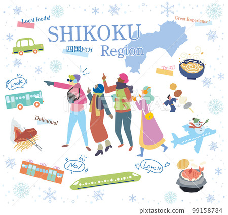 遊客在日本四國地區享受冬季美食觀光，一組圖標（平面） 99158784