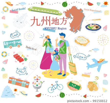 A family of three who enjoys summer gourmet sightseeing in the Kyushu region of Japan, a set of icons (flat) A family of three who enjoys summer gourmet sightseeing in the Kyushu region of Japan, a set of icons (flat) 99158812