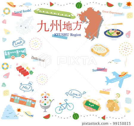 日本九州地區的夏季美食旅遊圖標集（平面） 99158815