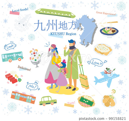 A family of three who enjoys winter gourmet sightseeing in the Kyushu region of Japan, a set of icons (flat) 99158821