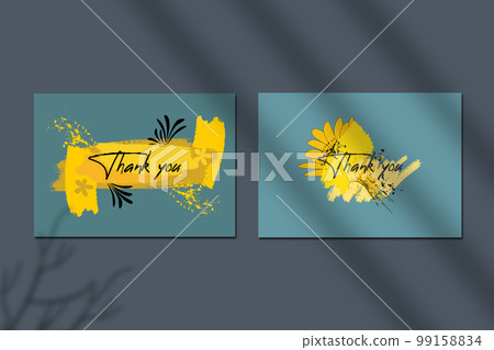 Thank you card template with brushstroke ink fluid and tropical botanic and lettering font design. Thank you card template with brushstroke ink fluid and tropical botanic and lettering font design. 99158834
