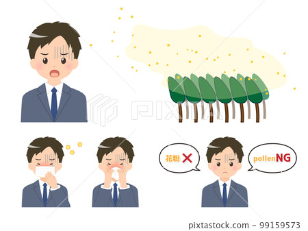 A set of cedars that fly pollen and men suffering from hay fever A set of cedars that fly pollen and men suffering from hay fever 99159573