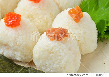 3 rice balls, rice balls, and rice balls. Ingredients are salmon, red bean, and plum. 3 rice balls, rice balls, and rice balls. Ingredients are salmon, red bean, and plum. 99160535