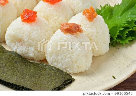 3 rice balls, rice balls, and rice balls. Ingredients are salmon, red bean, and plum. 99160543