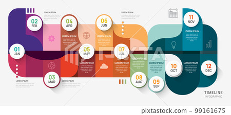 Infographic Timeline rounded elements diagram template for business. 4 successive Steps Modern roadmap with circle topics, flat vector infographics, flow charts. 99161675