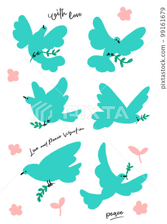 一隻鴿子的簡單極簡主義手繪插圖，它是和平的象徵，嘴裡叼著一根橄欖樹枝飛翔。 99161679
