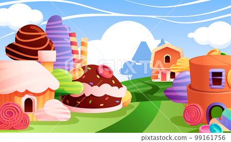 Cartoon candy house background. Sweet fairy buildings of cookies and candy, fantasy fairytale landscape with cake buildings sugar trees. Vector background Cartoon candy house background. Sweet fairy buildings of cookies and candy, fantasy fairytale landscape with cake buildings sugar trees. Vector background 99161756