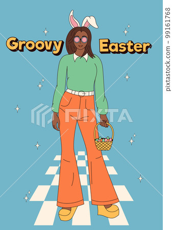 Groovy hippie Happy Easter posters. Girl with rabbit ears. Vector card in trendy retro 60s 70s cartoon style. 99161768