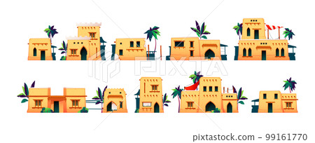 Arabic houses. Old arabian residential buildings cartoon style, desert heritage landscape with traditional village construction of sand facade. Vector set 99161770