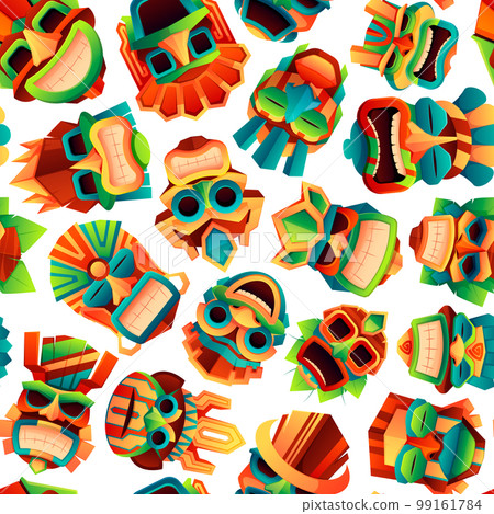 African masks pattern. Seamless print with tribal ritual ethnic zoomorphic totems, ancient religious ceremonial decoration cartoon style. Vector texture 99161784