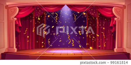 Theater stage with red curtain, light and confetti Theater stage with red curtain, light and confetti 99161814