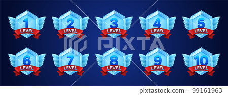 Game ice badges with level number, red ribbon 99161963