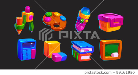 Game icons of school stationery, books, pen 99161980