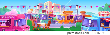 Street food market in city park with food trucks Street food market in city park with food trucks 99161986