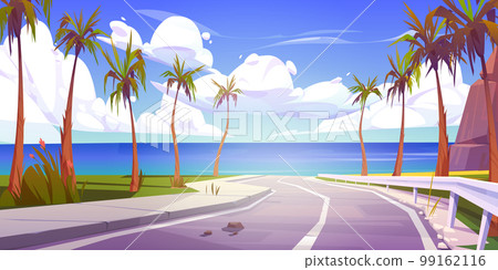 Summer tropical background with palm and road 99162116