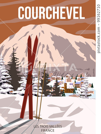 Vintage Travel poster Ski Courchevel resort. France winter landscape travel card Vintage Travel poster Ski Courchevel resort. France winter landscape travel card 99162710