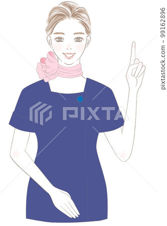 穿著制服的女性上半身插圖微笑著指著 99162896