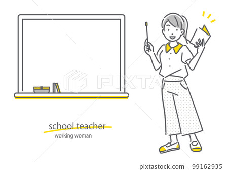 一位女老師用黑板授課簡單時尚的線條畫插圖 一位女老師用黑板授課簡單時尚的線條畫插圖 99162935