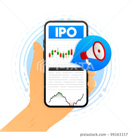 IPO concept. IPO is Initial Public Offering. Company go public in stock market. Investment new stock, businessman, trader, trading stock on IPO. Vector illustration. 99163157