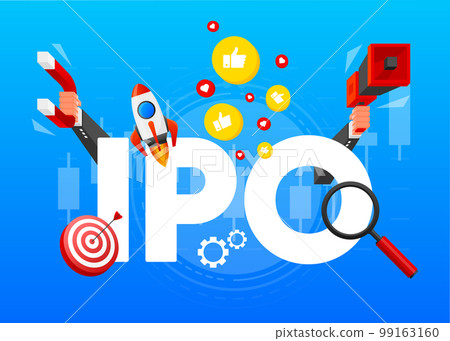 IPO concept. IPO is Initial Public Offering. Company go public in stock market. Investment new stock, businessman, trader, trading stock on IPO. Vector illustration. 99163160