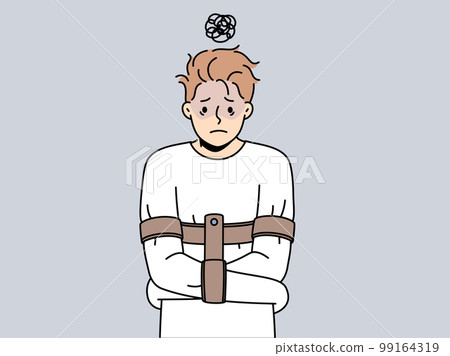 Unhappy man in straitjacket suffer from mental problems  99164319