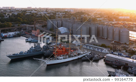 Aerial drone view of Odessa sea port ships. Military-industrial port at evening sunset. 99164770