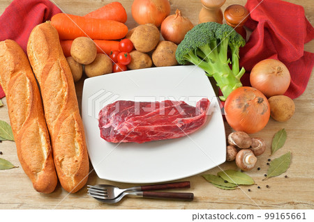 Image of beef stew ingredients, beef shank, vegetables, herbs, spices, carrots, onions. Image of beef stew ingredients, beef shank, vegetables, herbs, spices, carrots, onions. 99165661