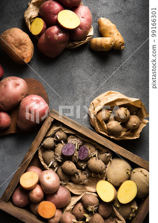 Various varieties of potatoes, top view Various varieties of potatoes, top view 99166301