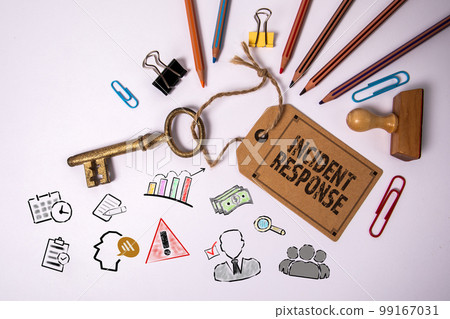 Incident Response. Key with price tag and drawn icons on white background Incident Response. Key with price tag and drawn icons on white background 99167031