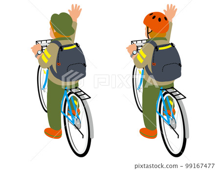 一個背著帆布背包的中年男子騎著自行車揮舞著從後面斜向看 99167477