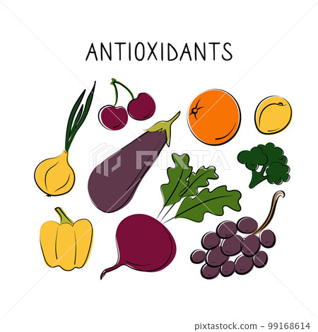Antioxidants-containing food. Groups of healthy products containing vitamins and minerals. Set of fruits, vegetables, meats, fish and dairy. Antioxidants-containing food. Groups of healthy products containing vitamins and minerals. Set of fruits, vegetables, meats, fish and dairy. 99168614