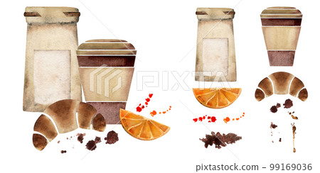 Watercolor hand drawn composition with paper coffee cups, bags, croissants, orange slices, leaves. Isolated on white background. For invitations, cafe, restaurant food menu, print, website, cards 99169036