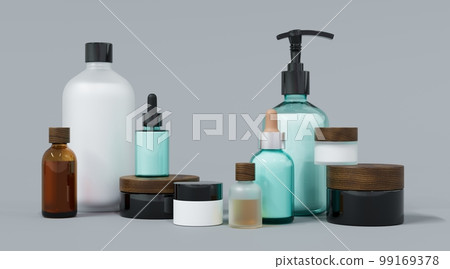 Skincare and beauty products on gray studio background 3D render 99169378