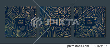 Vector set of abstract luxury golden square cards, post templates for social net, leaves botanical modern, art deco wallpaper background. Pattern, texture for print, fabric, packaging design 99169454
