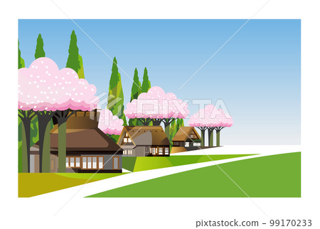 A gentle spring mountain village landscape with cherry blossoms. 99170233