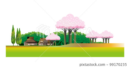 櫻花盛開的柔和春天山村景觀。 99170235