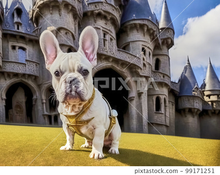 White french bulldog with gold harness sits on the lawn in front of a blurred castle with battlements and towers, made with generative AI 99171251
