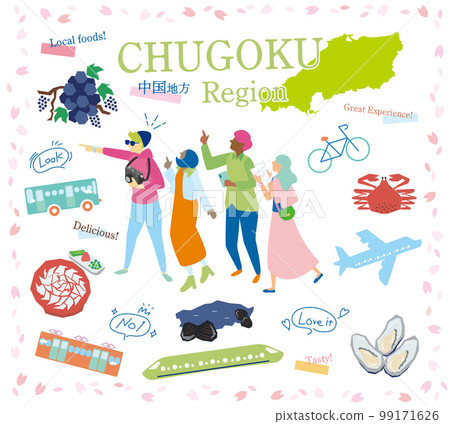 Tourists enjoying spring gourmet sightseeing in the Chugoku region of Japan, set of icons (flat) 99171626