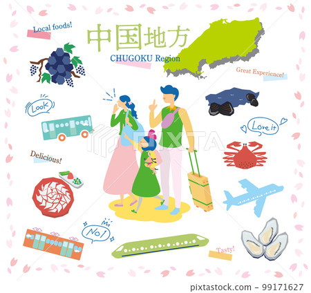 A family of three who enjoys spring gourmet sightseeing in the Chugoku region of Japan, a set of icons (flat) 99171627