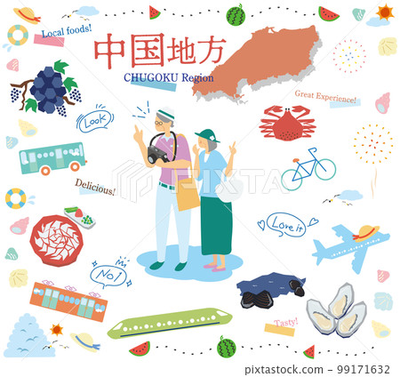 一對老年夫婦在日本中國地區享受夏季美食觀光,一組圖標(平面) 一對老年夫婦在日本中國地區享受夏季美食觀光,一組圖標(平面) 99171632